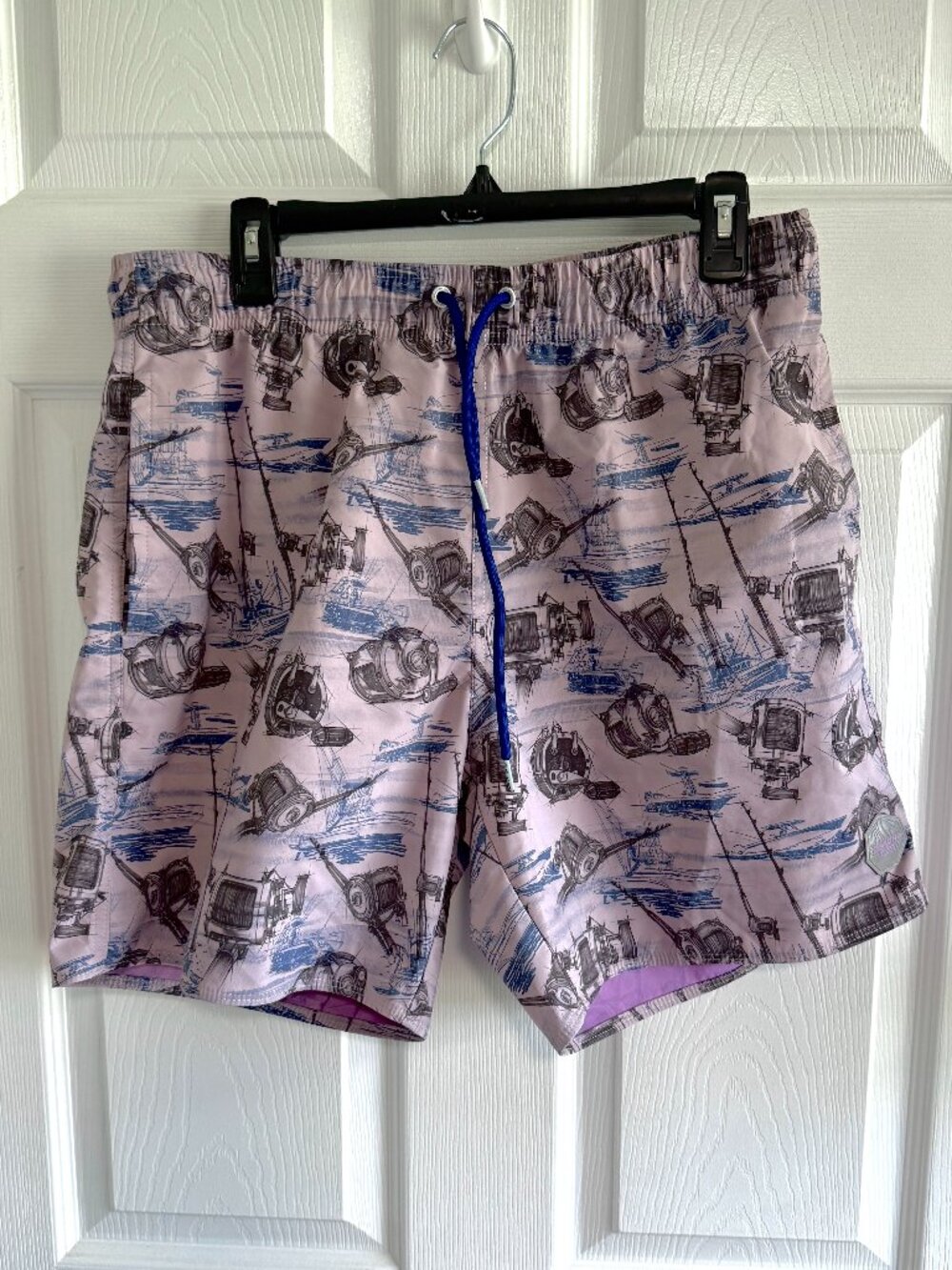 Psycho Tuna Ocean Reels Men's Swim Shorts Size Large Fishing Rods Print Purple